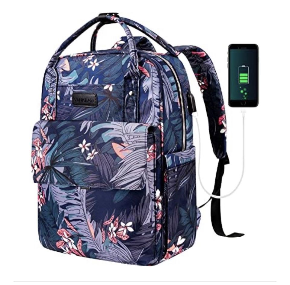 VANKEAN Laptop Backpack Blue with Floral Pattern- with built in USB Charging Cable. New!