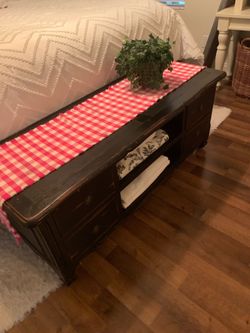 Small, farmhouse style , black antiqued looking dresser & dining set
