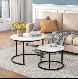 Nesting Round Coffee Table Set of 2 with Marble Top and Metal Frame, Black