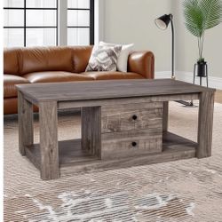 MINCETA Coffee Table,Modern Wooden Rectangle Coffee Tables with Storage,2 Drawer Center Table for Living Room,Drifted Gray