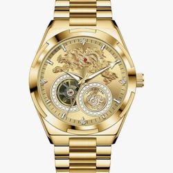 Gold Automatic Men’s Watch 42mm – Stainless Steel, Dragon Dial, Waterproof – Luxury Look