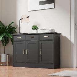Black Kitchen Buffet Cabinet, Black Kitchen Storage Cabinet with 3 Doors and 3 Drawers, Black Buffet Sideborad for Dining Room, Dining Room, Kitchen