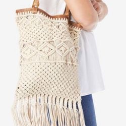 New Womens Crochet Overlay Tote W/ Fringe & Leather Straps 