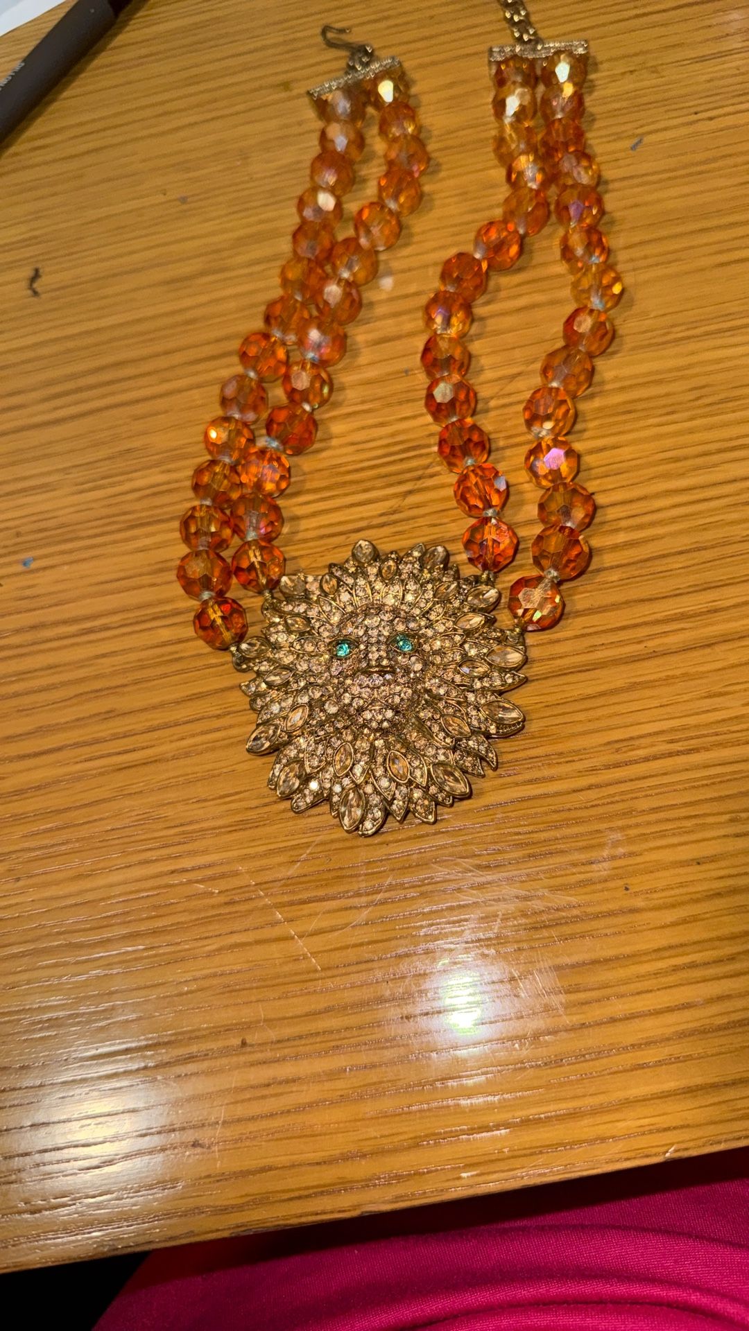 Heidi Daus Crystal Statement Necklace – Double Strand Beads – Large Rhinestone Pendant