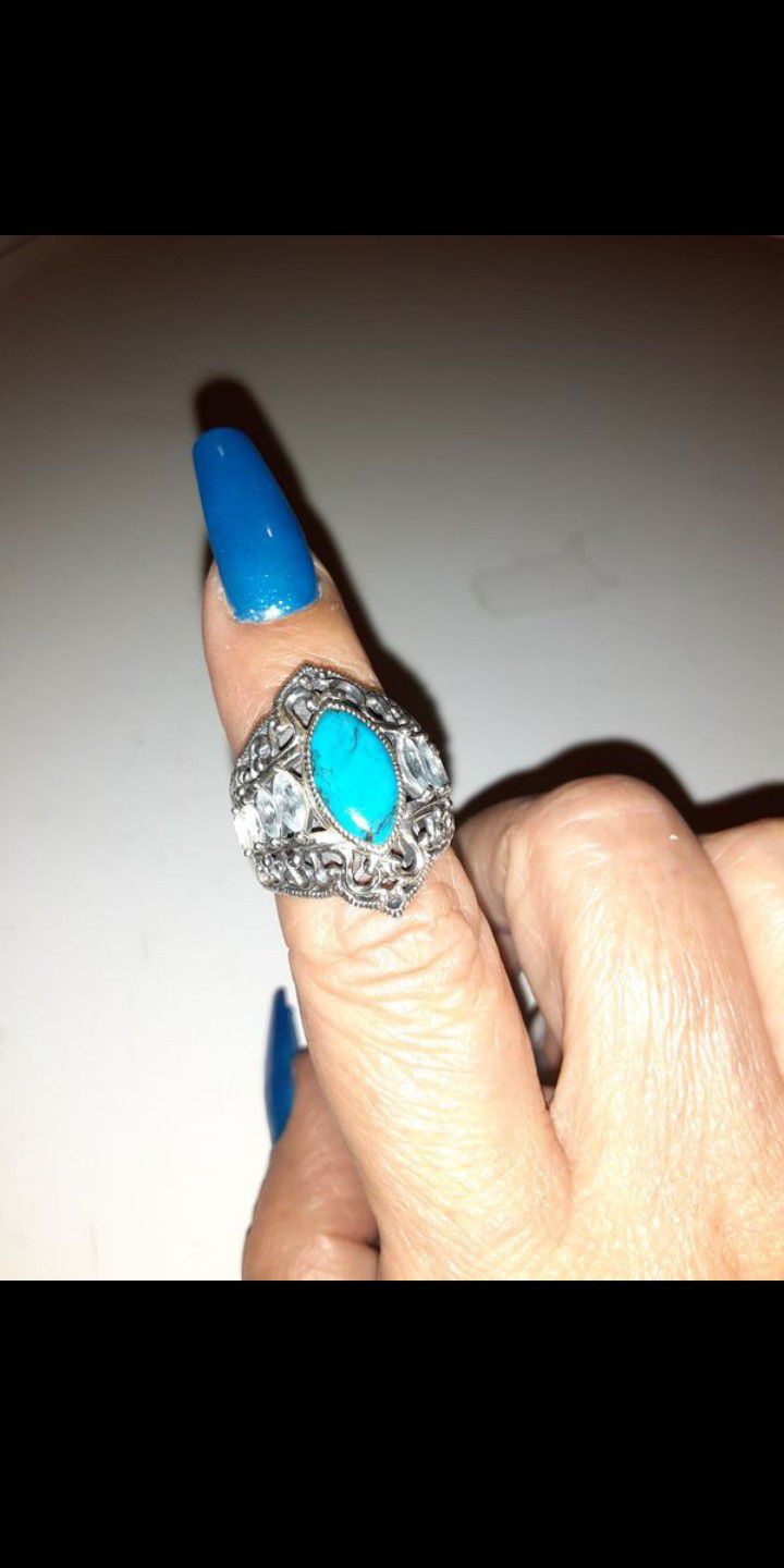 925.Silver. turquoise and blue topaz ring. size 7