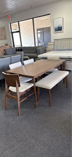 Mid-Century Dining Table Set with Bench