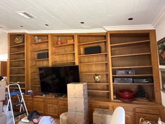 Custom Solid Oak Built-In Bookcase Wall Unit w/ TV Cabinet & Base Storage