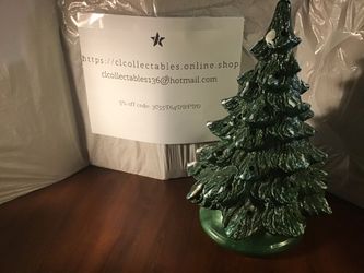 Flocked Ceramic Mold Lighted Christmas 13.5” Tree With Built On Base