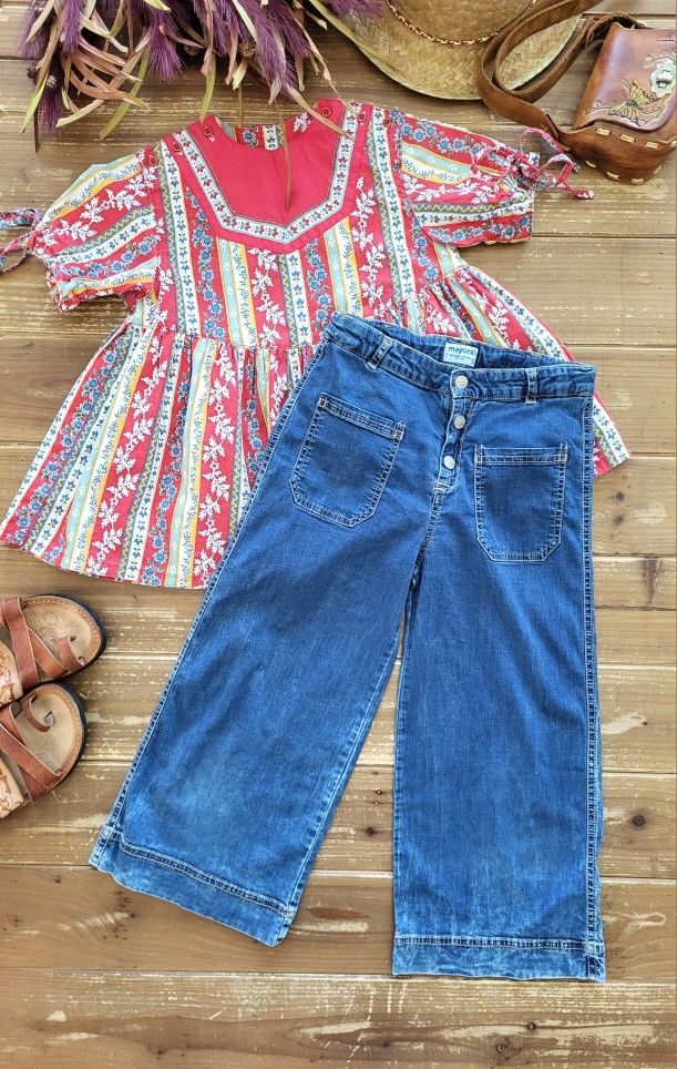 SIZE 9-10 2-PIECE OUTFIT VINTAGE BABYDOLL TUNIC W/WIDE-LEG CHAMBRAY CAPRIS