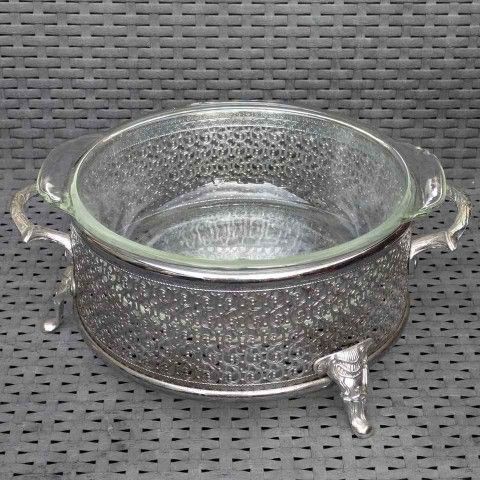 Ornate silverplated cake dessert casserole hot dish dinner buffet server tray stand round glass bowl