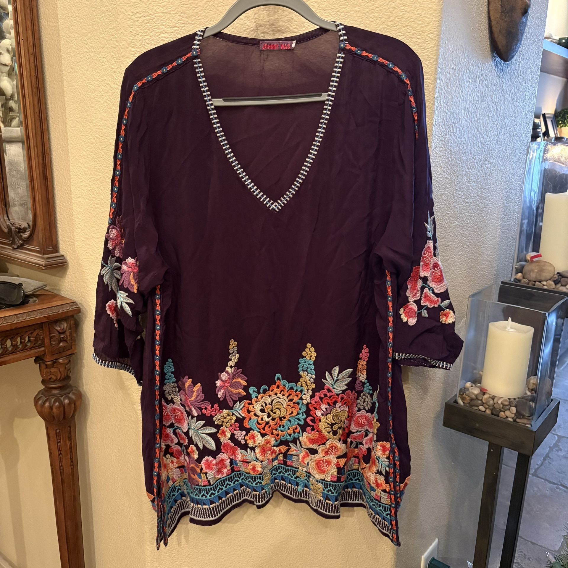 JOHNNY WAS Araxi Boho Purple Floral Embroidered 3/4 Sleeve Tunic Top Size XL