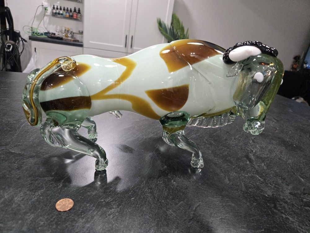 Vintage Cristales De Chihuahua Art Glass Bull Hand Blown Glass 8" Tall 18" Long 7lbs.