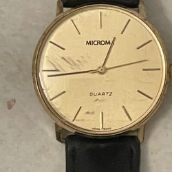 Micro Quarts Watch Brand - Gold Toned Watch Case And Face w/ Black Leather Band