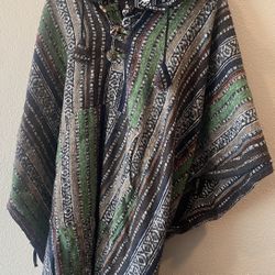 New Green Earth Tone Multi-Colored Cotton Poncho From Nepal