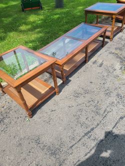Wood glass top matching coffee table and 2 end stands plus octagon  stand