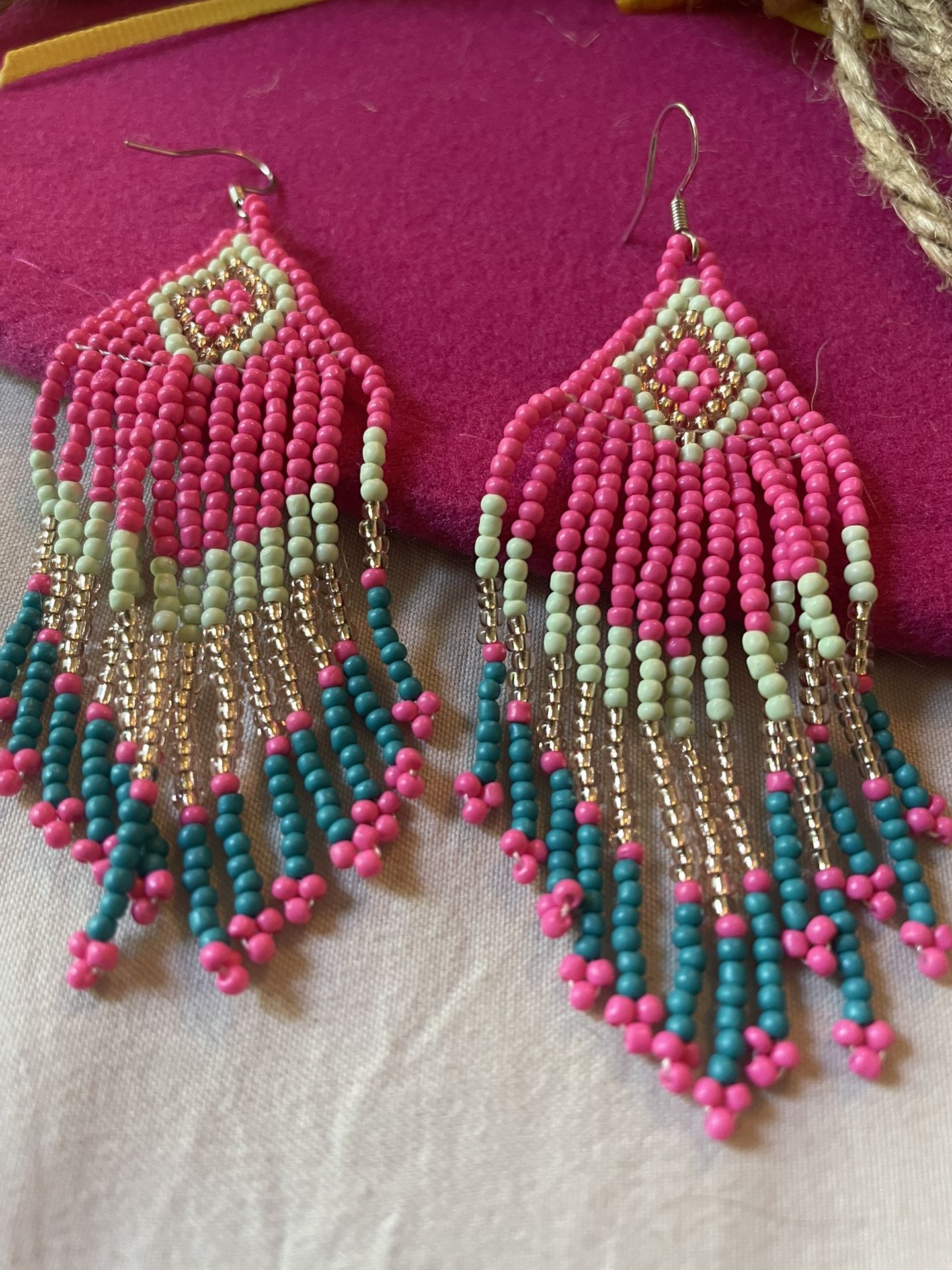 Fringe boho Earrings beautiful hot pink and Acqua colors dead bead tassel earrings