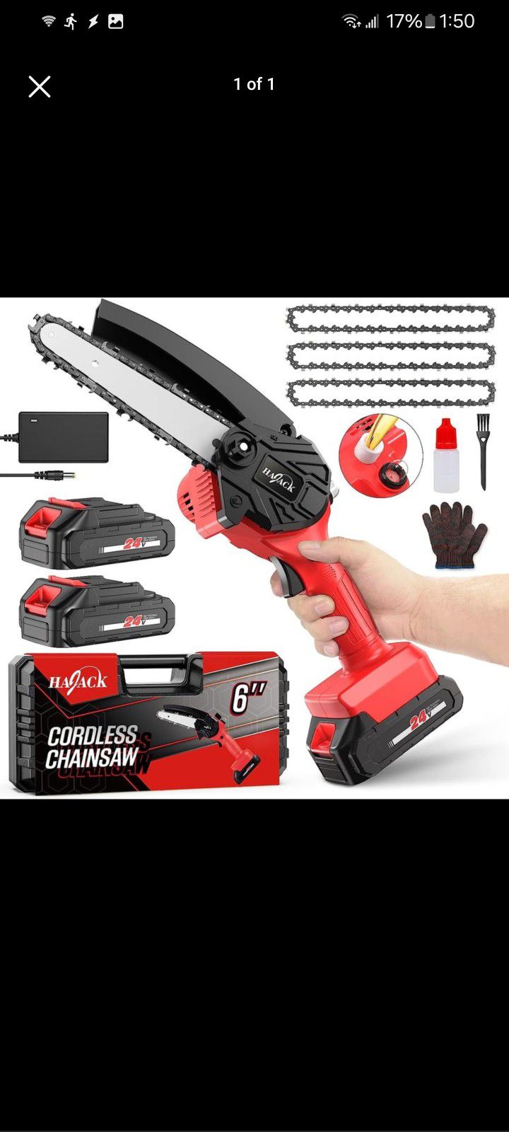 6-Inch, Cordless Mini Chain Saw with 3 Chains & 2 Battery, Handheld Small Chainsaw