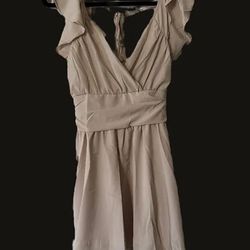 Brand New Size (Large) Tan V-Neck Waist Pleated Ruffle Sleeve Dress 