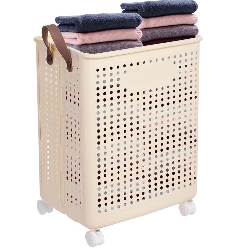 Dirty Clothes Hamper with Wheel, 14x14in PP Folding Laundry Hamper Large Rolling Clothes Basket Organizer for Closet, Laundry Room, Dormitory