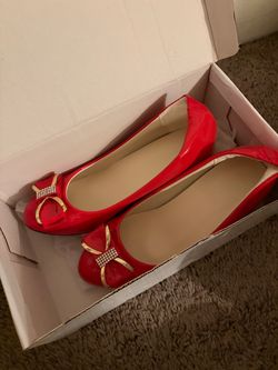 Red Patent Ballet Flats with Gold Bow