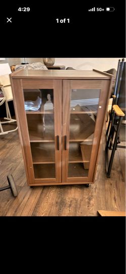 Wood Cabinet with Glass Doors on Wheels