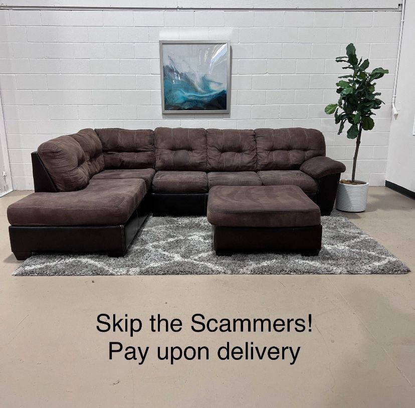Brown Fabric & Leather Sectional w/ Ottoman 🚛 Delivery Available