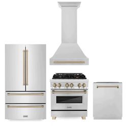 ZLINE Autograph Edition 30 in. Kitchen Package with Stainless Steel Dual Fuel Range, Range Hood, Dishwasher and Refrigerator with Champagne Bronze Acc