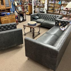 3pc Chesterfield Leather Tufted Sofa Loveseat Arm Chair