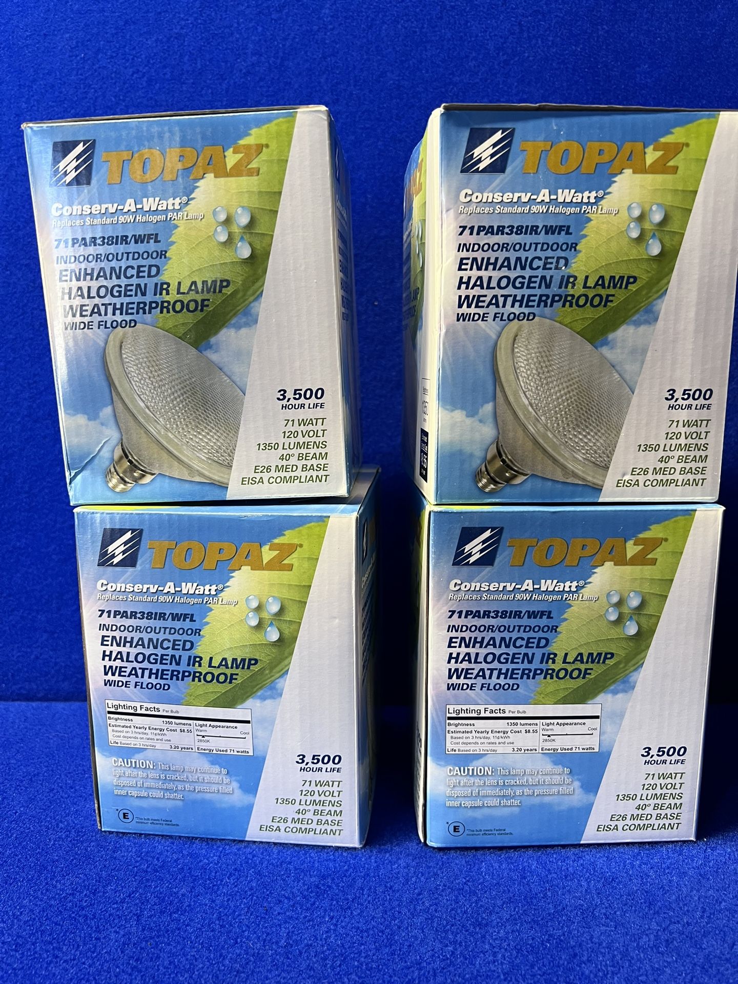 Lot of 4 Light Lamps, 71PAR38IR/WFL Indoor And Outdoor Halogen Weatherproof. 71 Watts E26 Base 1350 Lumens.