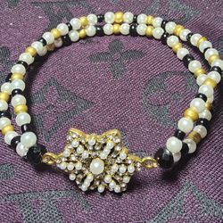 Big Charm Gold-plated White & Black & Gold Beads Bracelet 