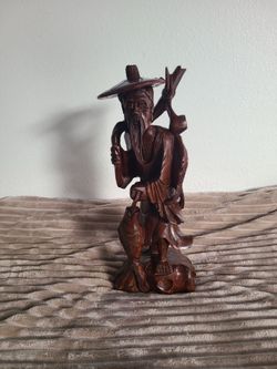 Vintage Hand Carved Wood Chinese Fisherman