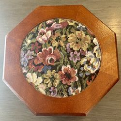 Vintage Jewelry Box Wooden with Multicolor Crewel Top Mauve Felt Octagon Shaped