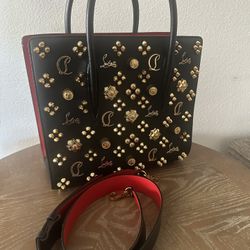 Christian Louboutin Black and Red Tote with Gold Embellishments