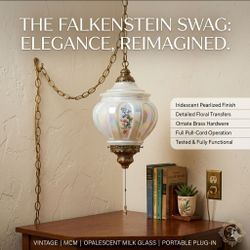 FALKENSTEIN vintage Antique MCM Mid Century modern White Glass Chandelier Fixture  SWAG LAMP HANGING LIGHT