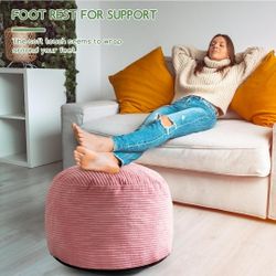 Round Stuffed Pouf Ottoman, Corduroy Poufs with Foam Chunk Filling, Furry and Fluffy Pouf Foot Stool Storage Ottoman, 26 X 18 Floor Poufs 