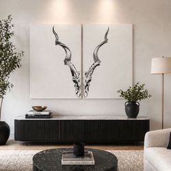Modern Antler Diptych Black, White, Red, Gold Wall Art Abstract