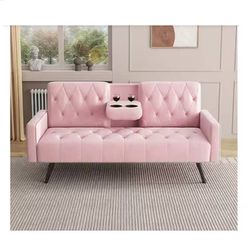Bellemave Futon Sofa Convertible Sleeper Couch w/ Cup Holders, Pink
