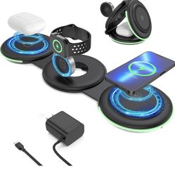 3 in 1 Magnetic Foldable Wireless Charging Station,Folding Charger Dock Stand for Travel Mag-Safe Apple iPhone 14/13/12/11/Pro/Max/XS/XR/X/Plus/Apple 