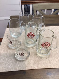 Vintage Jos. Huber Beer Mugs, Mallard Duck Whiskey Glasses, (4) Glass Tankards Never Used 1970-80’s