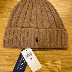 New POLO RALPH LAUREN Mens Beanie Hat,Wool Ribbed Cuff Pony Logo, Brown / Tan