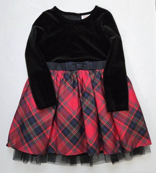 Cat & Jack Girls Holiday Dress 3T Black LS Velvet Top Tartan Plaid Lined Skirt