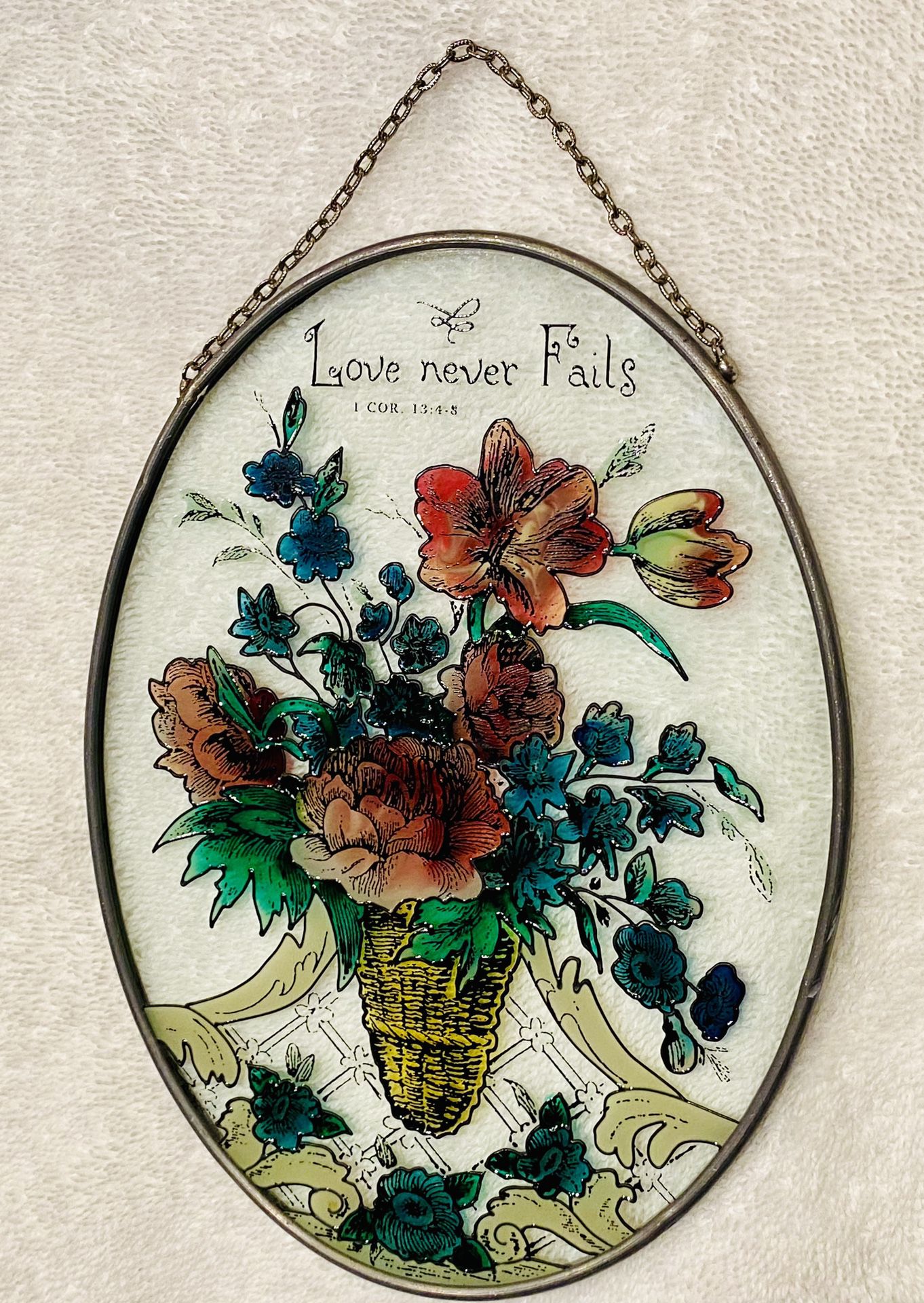Vintage Stained glass/sun catcher “Love Never Fails”