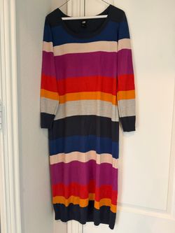 H&M Navy, Blue, Purple & Red Striped Knit Midi Dress Medium