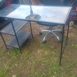 Desk With Office Chair With 2 Shelf Like New The Glass Dose Come Off Metal And Glass And Wood 
