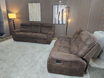 2 Matching Sets Manual Brown Microfiber Reclining Sofa and Loveseat