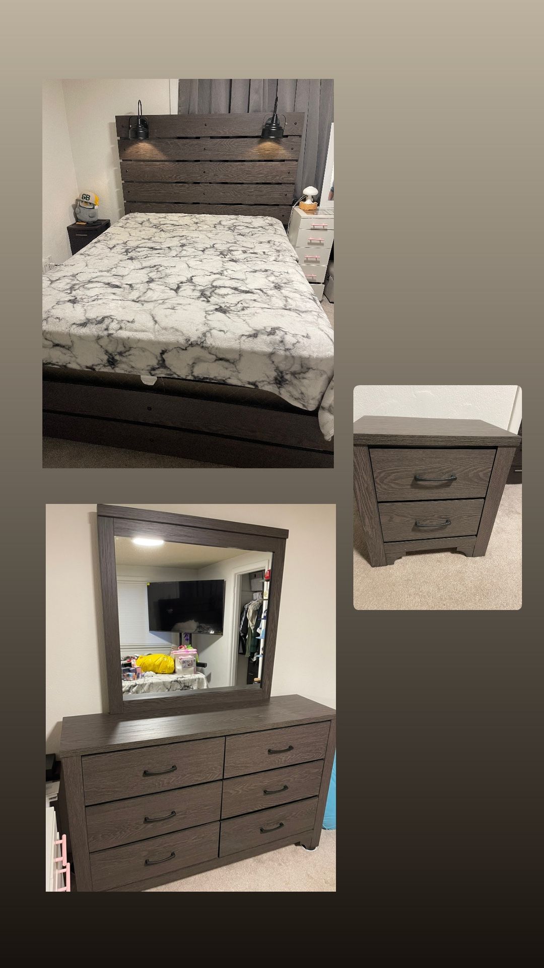 Queen bed with lights, dresser vanity with mirror, and nightstand.