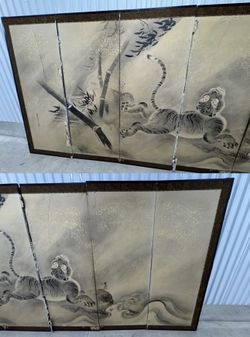 Antique "Dragon and Wave" by Kanō Naonobu - 6 Panel Painting - Edo Period