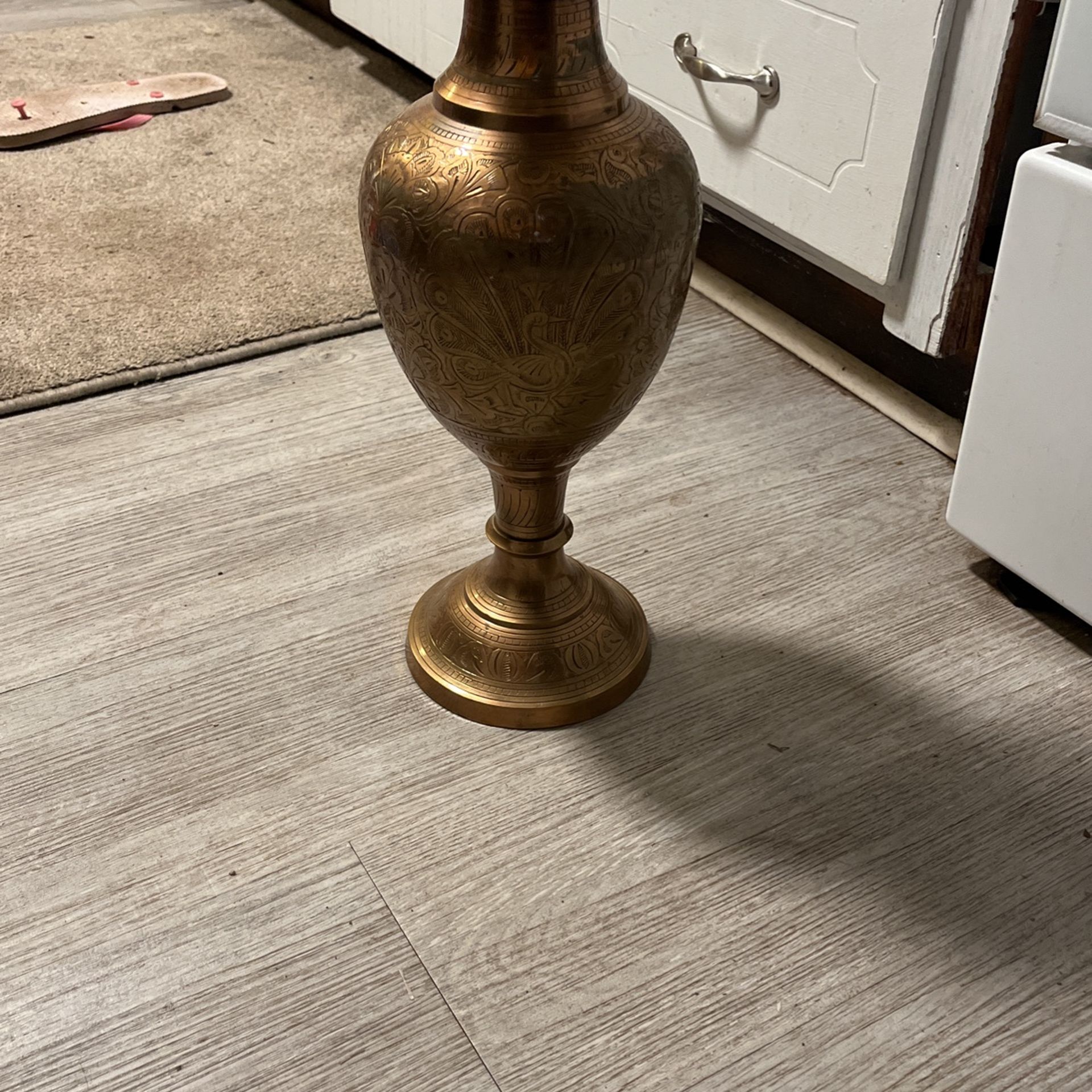 Etched Peacock Brass Vase