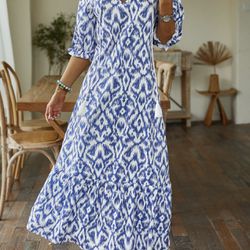 Floral Summer Casual V neck Daily Loose Long H-Line Dress 
