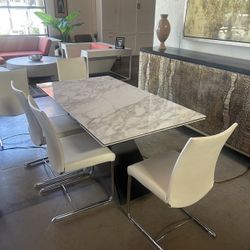 Contemporary White High-Back Cantilever Dining Chairs, Set of Six